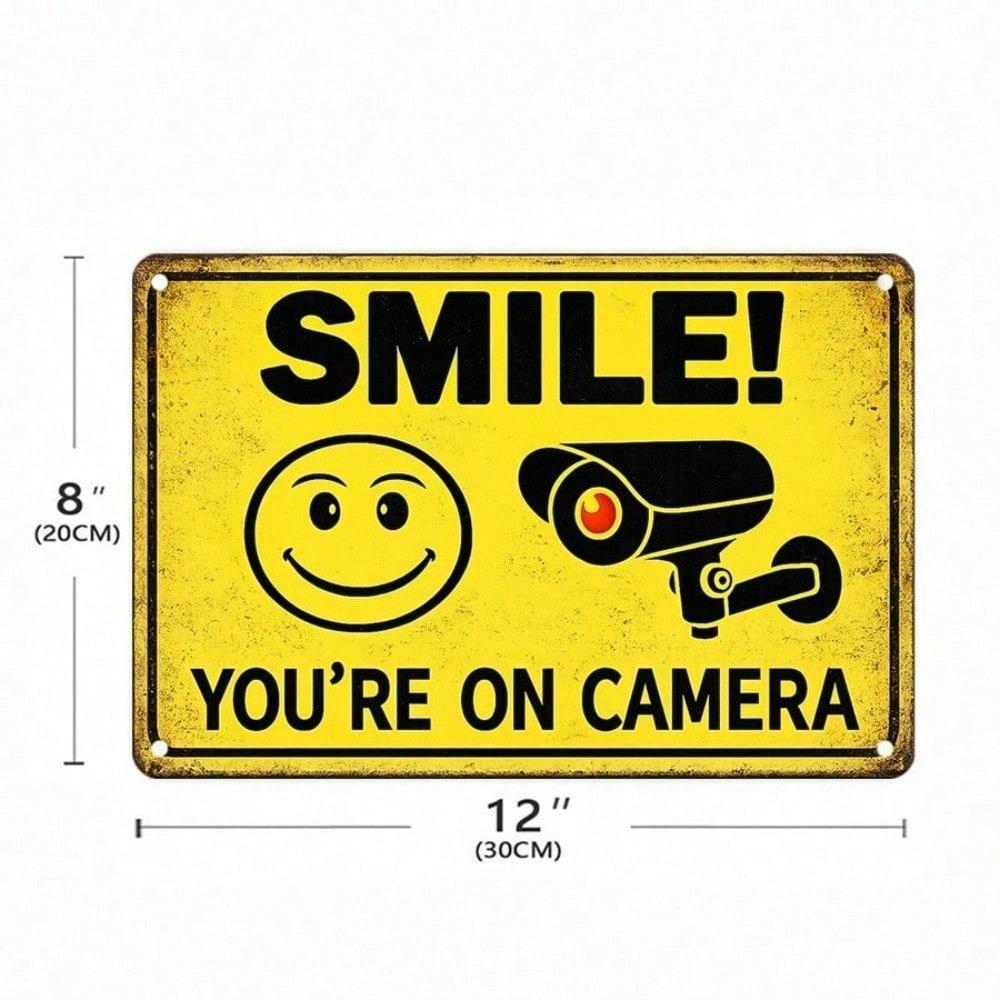 Smile You're On Camera Metal Tin Sign, 2D Flat Humorous Warning Wall Plaque, 12x8 Inch Durable Iron Decor, Easy to Hang