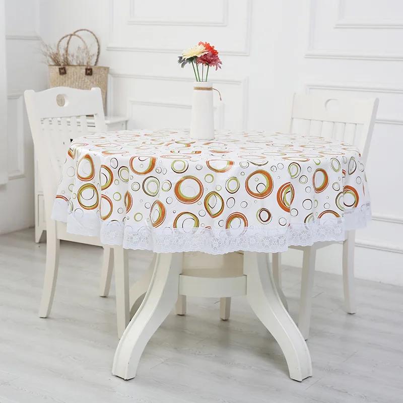 Pvc Hotel Waterproof Tablecloth Printed Oil Resistant Large Circular Table Cloth Hotel Plastic Round Table Cover With Lace Hem