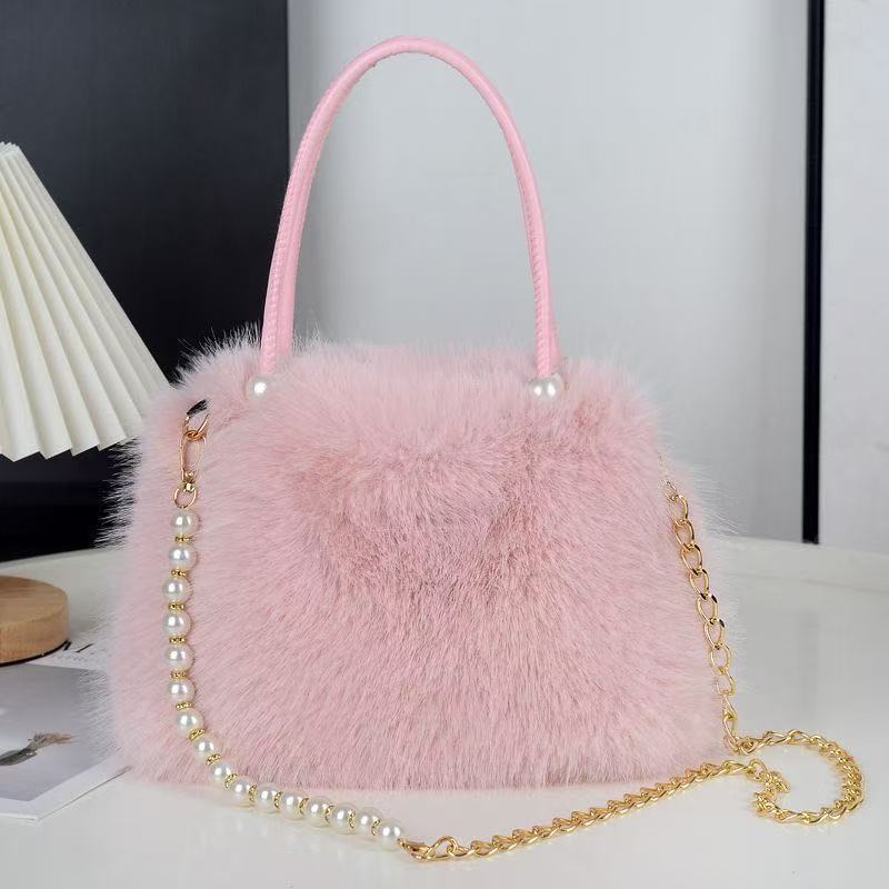 New Furry Handbag Fashion Pearl Fluffy Bag Large Capacity Women Crossbody Bag
