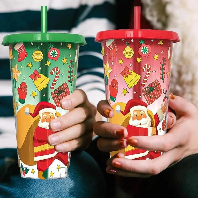 Christmas Color Changing Cup Santa Large Capacity Cold Sensitive Straw Cup Reusable Drinkware Gift for Party Kids and Adults