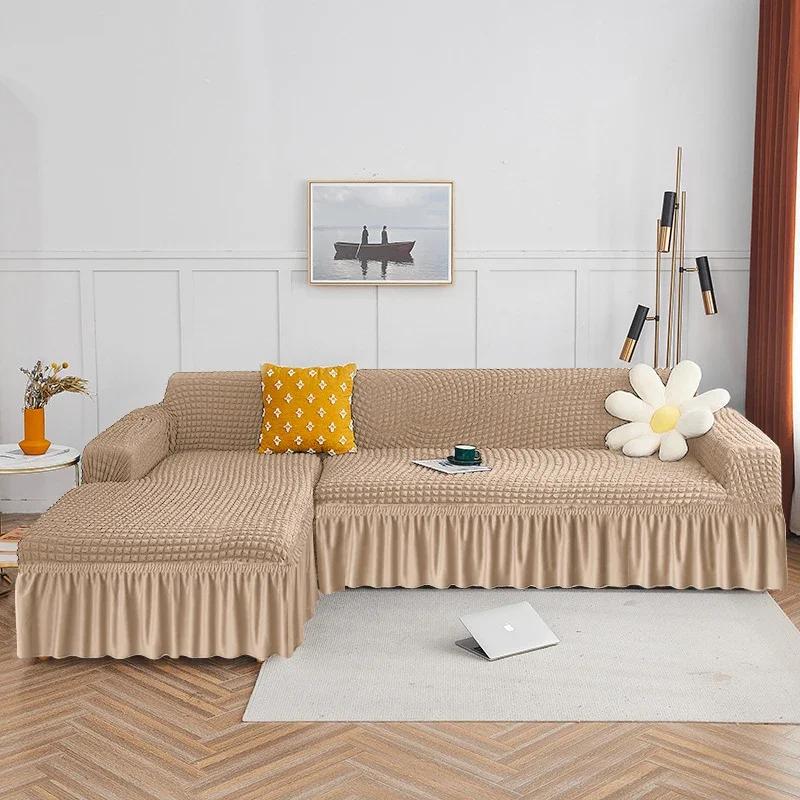 1ks tvarovaný kostkovaný seersuckerový potah na sukni na pohovku, jednobarevný pruhovaný vzor, potah na pohovku do obývacího pokoje, elastický potah na křeslo 1/2/3/4 místný