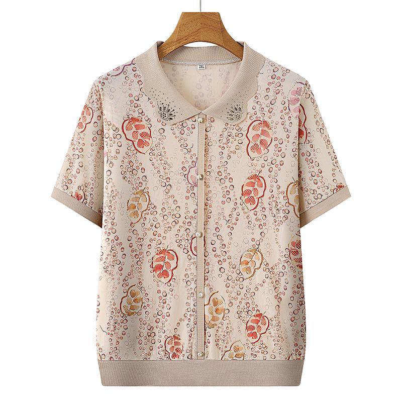 

Chinese Style Ice Silk Lapel Short Sleeve T-Shirt for Middle-Aged & Elderly Women 4XL (135-145 jin) червоний