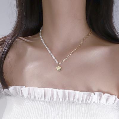 925 Sterling Silver High Polish Love Pearl Asymmetric Chain Necklace for Women Lady Party Choker Necklace Jewelry Gifts S-N693