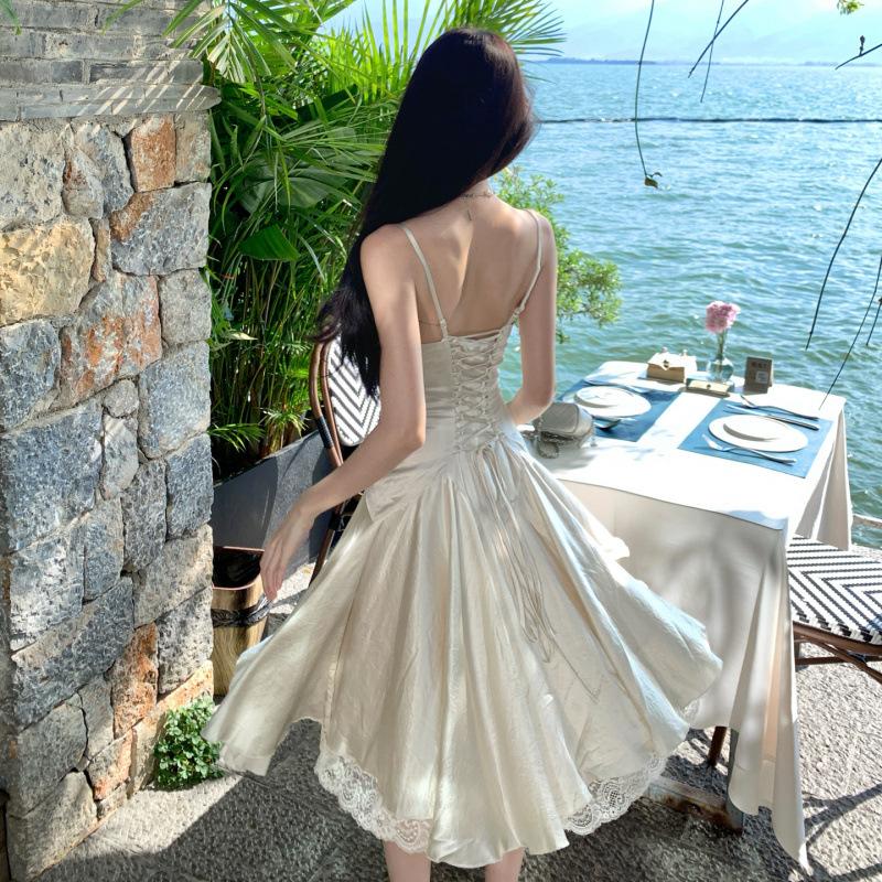 Acid acetic acid strap lace dress design spring and summer temperament medium and long dress high elegant