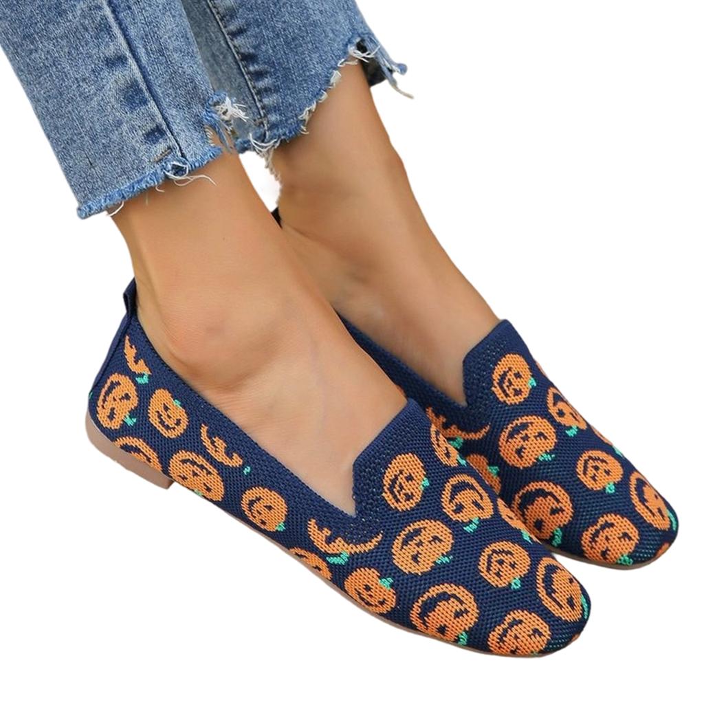 Women's Halloween Pumpkin Knit Flats Round Toe Comfort Shoes for Casual Costume Party