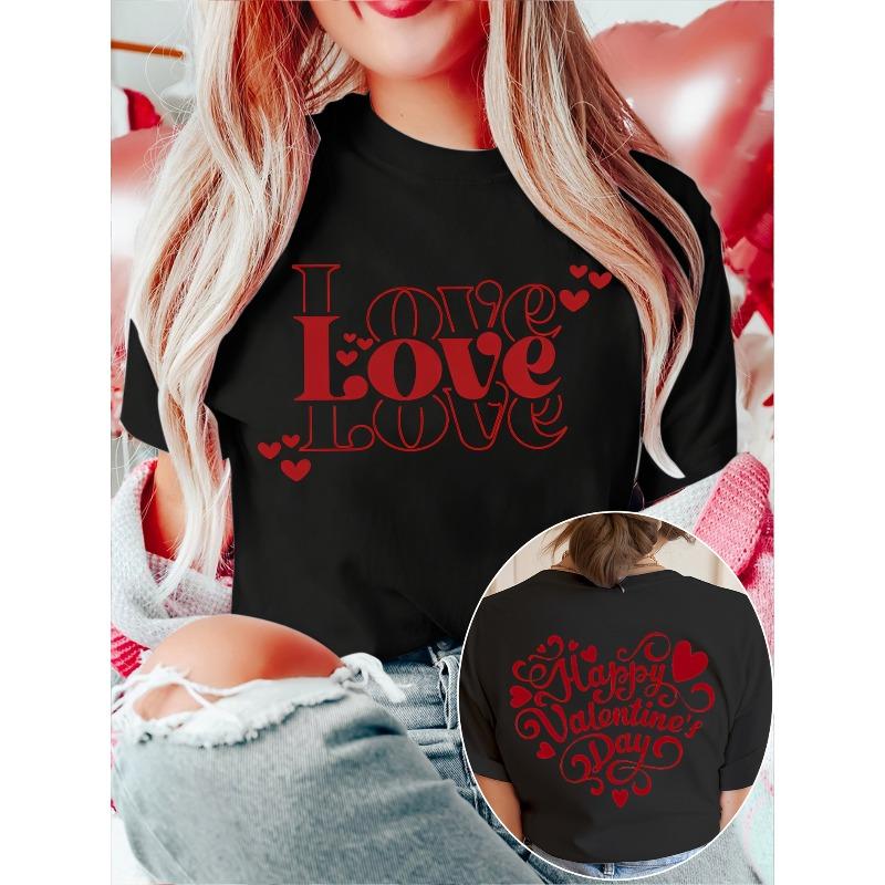 

Women s European Size Crew Neck T-Shirt - Red LOVE /Valentine s Double-Sided Print, Soft Stretch, Breathable, Spring-Summer-Fall M