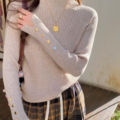 Autumn Winter Sweater Women Pullovers Long Sleeve Tops Clothes Slim Knit Soft Jumper Streetwear Button Turtleneck Sweater