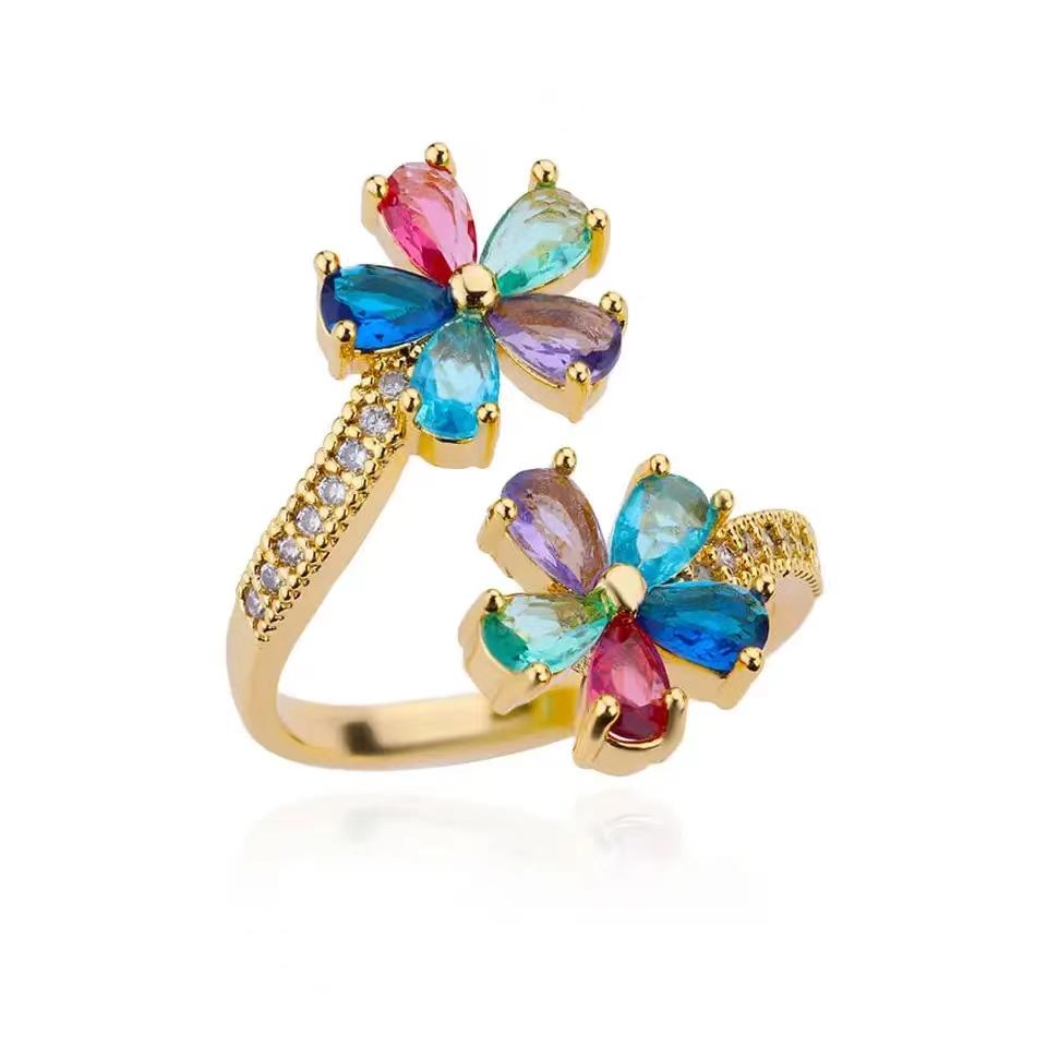 Bunter Zirkon Doppelblumen Offener Ring Charmant Glänzend Flora Gold/Kupfer Farbe Ring Schmuck für den täglichen Gebrauch für Frauen