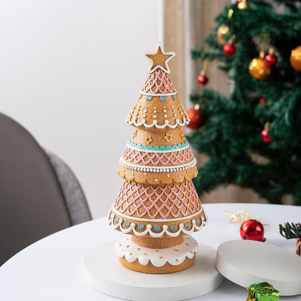 Resin Gingerbread Christmas Village Tree Simulated Hand Painted Xmas Tree Ornament with Glitter Powder