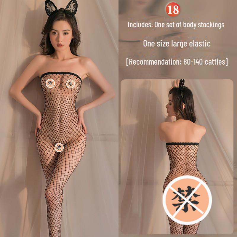 Erotic Black Mesh One-Piece Lingerie Set with Open Stockings - Tempting and Sexy