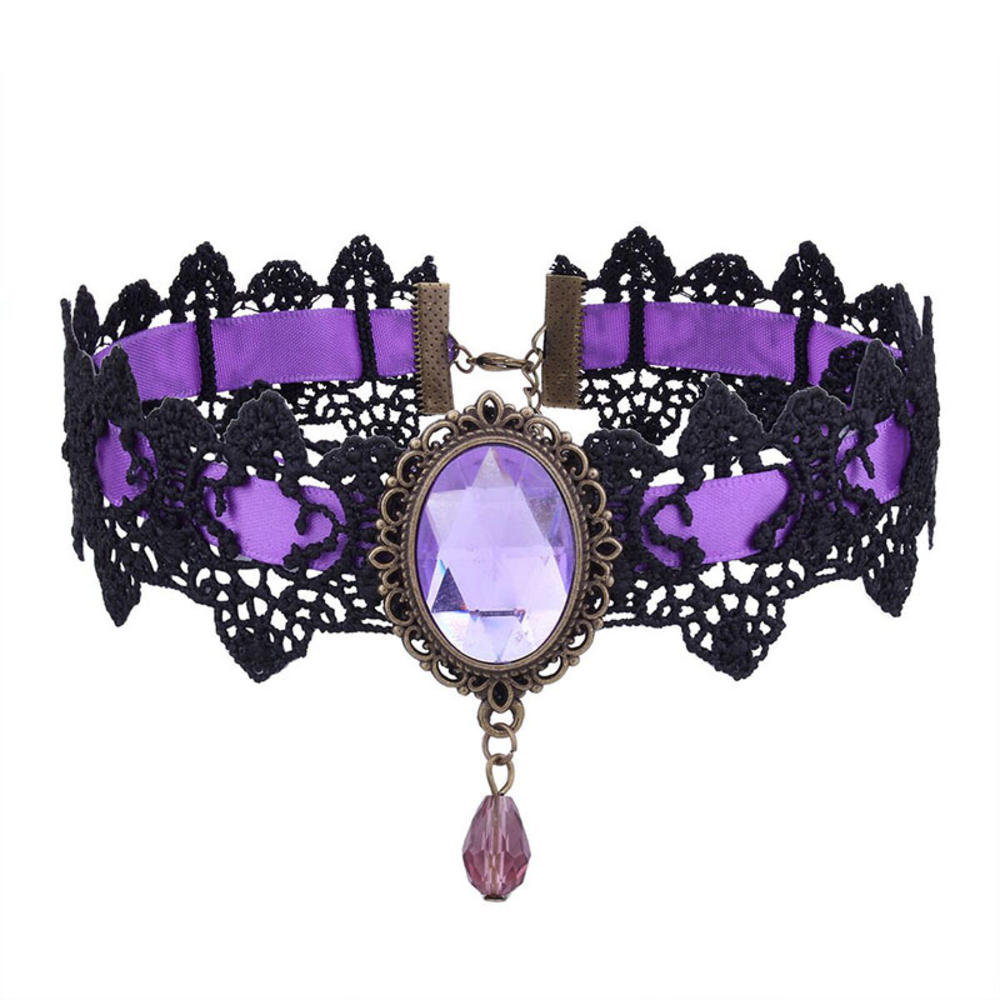 Gothic Sparkling Gemstone Necklace Collar Retro Punk Black Lace Choker Halloween Vintage Chain Vampire Jewelry Accessories New