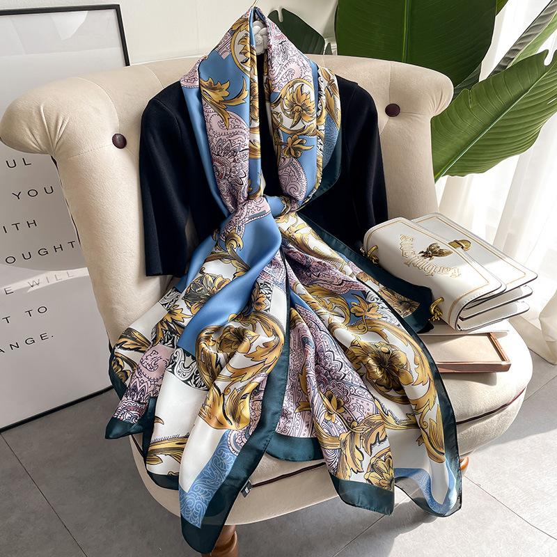 Retro Printed Flowers Spring and Summer Long Silk Scarf with Lady's Temperament Versatile Travel Photography Sun Protection Scarf Neck Protection
