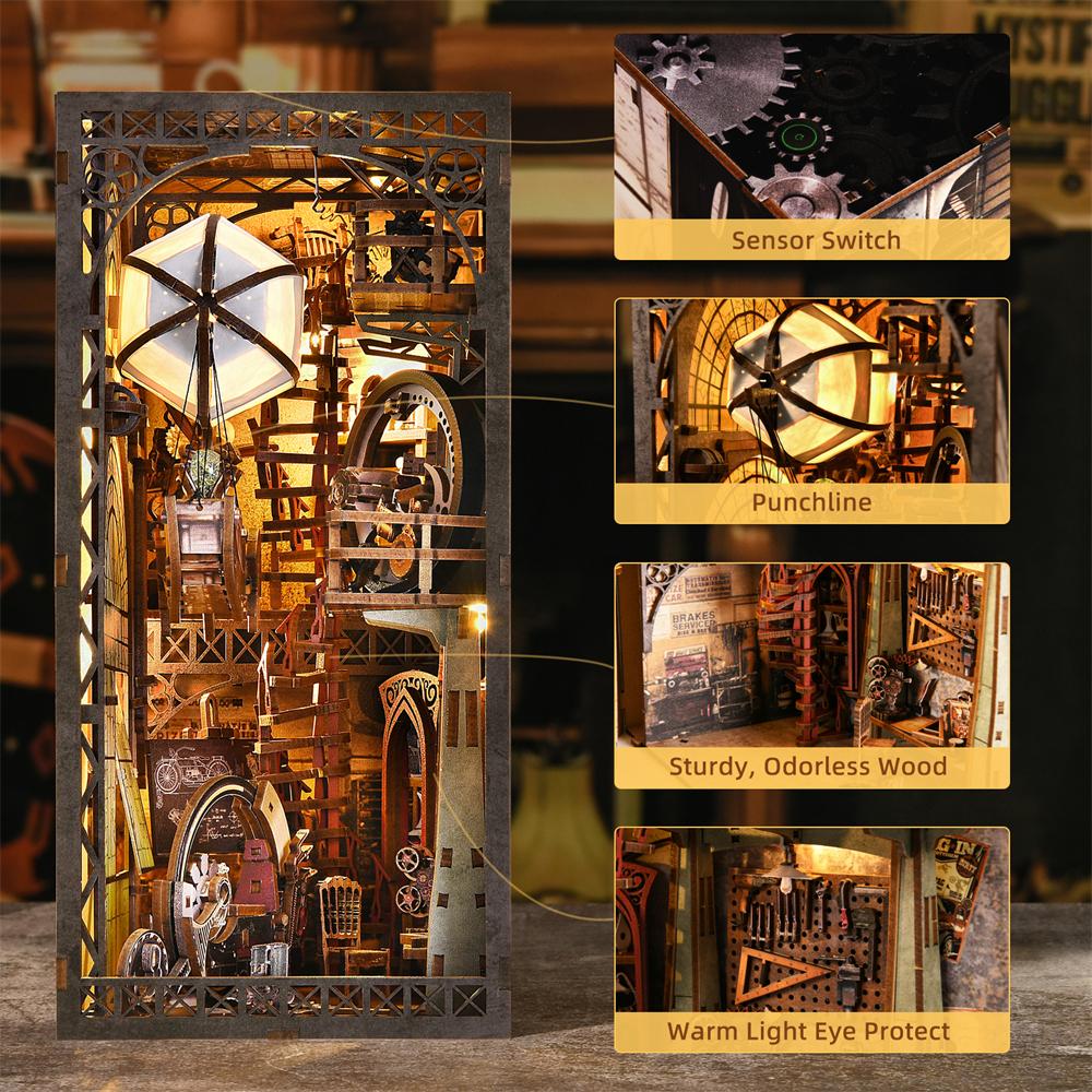 Book Nook Kit Maker's Workshop DIY Wooden Puzzle Balloon Studio Ship Bookshelf Dollhouse Model Bookend Building Home Deco