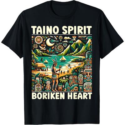 220g Cotton T-Shirt for Men Short-Sleeved Round Neck Printed with Taino Boriken Puerto Rico Indigenous People Design Indigenous