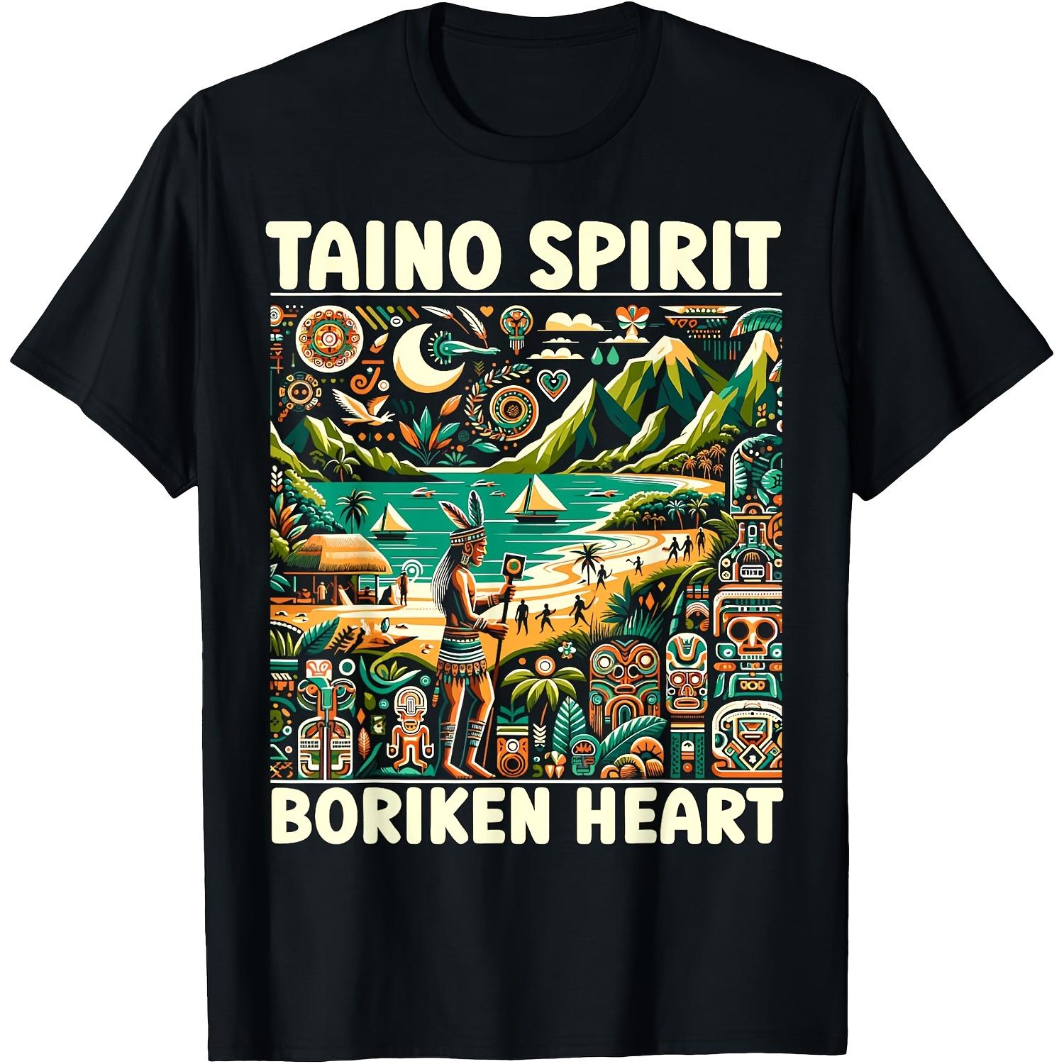 

220g Cotton T-Shirt for Men Short-Sleeved Round Neck Printed with Taino Boriken Puerto Rico Indigenous People Design Indigenous S