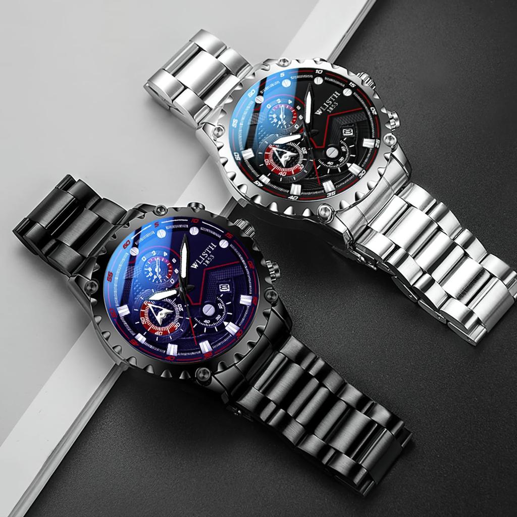 Stylish Analog Watch with Waterproof Calendar and Stainless Steel Black Band and Black Dial Men's Strap,