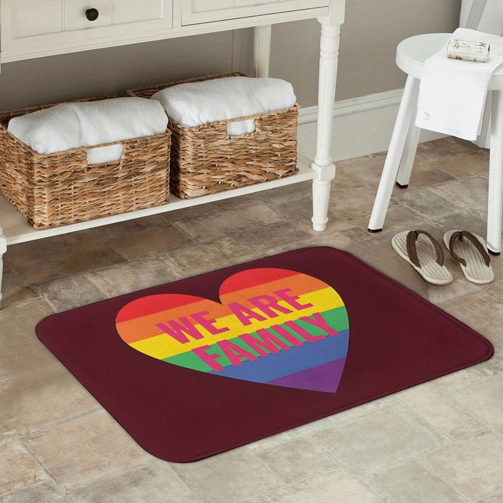 Rainbow Heart "We Are Family" Doormat, Inclusive Pride Design Floor RugMachine Washable Polyester for Entryway Living Room
