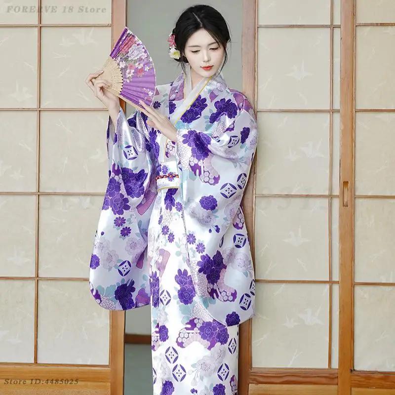 Robe Kimono Japonais Costume de Performance Cosplay Femmes Kimonos Bleus Vintage Style Asiatique Yukata Sexy avec Obi Robes Geisha Imprimées