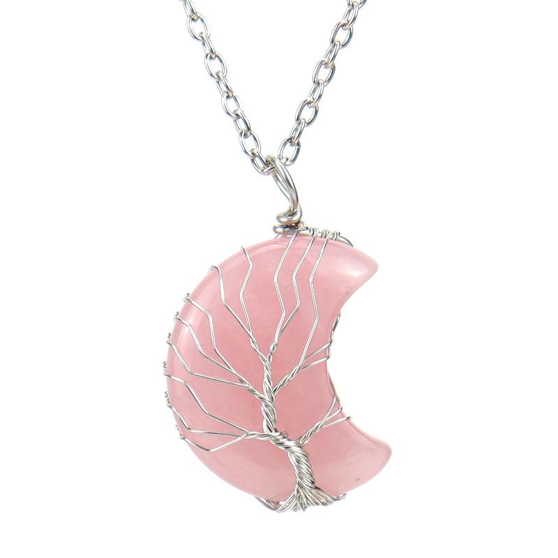 Natural Stone Amethyst Moon Tree Of Life Pendant Necklace, Wound And Wound Handmade Fortune Tree Crystal Necklace N571