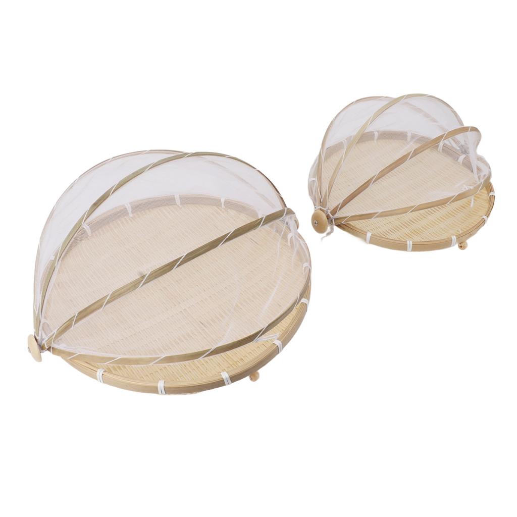 2Pcs Food Serving Tent Basket Fly Skeeter Insect Resistant Bamboo Basket With Dish Mesh Cover Round