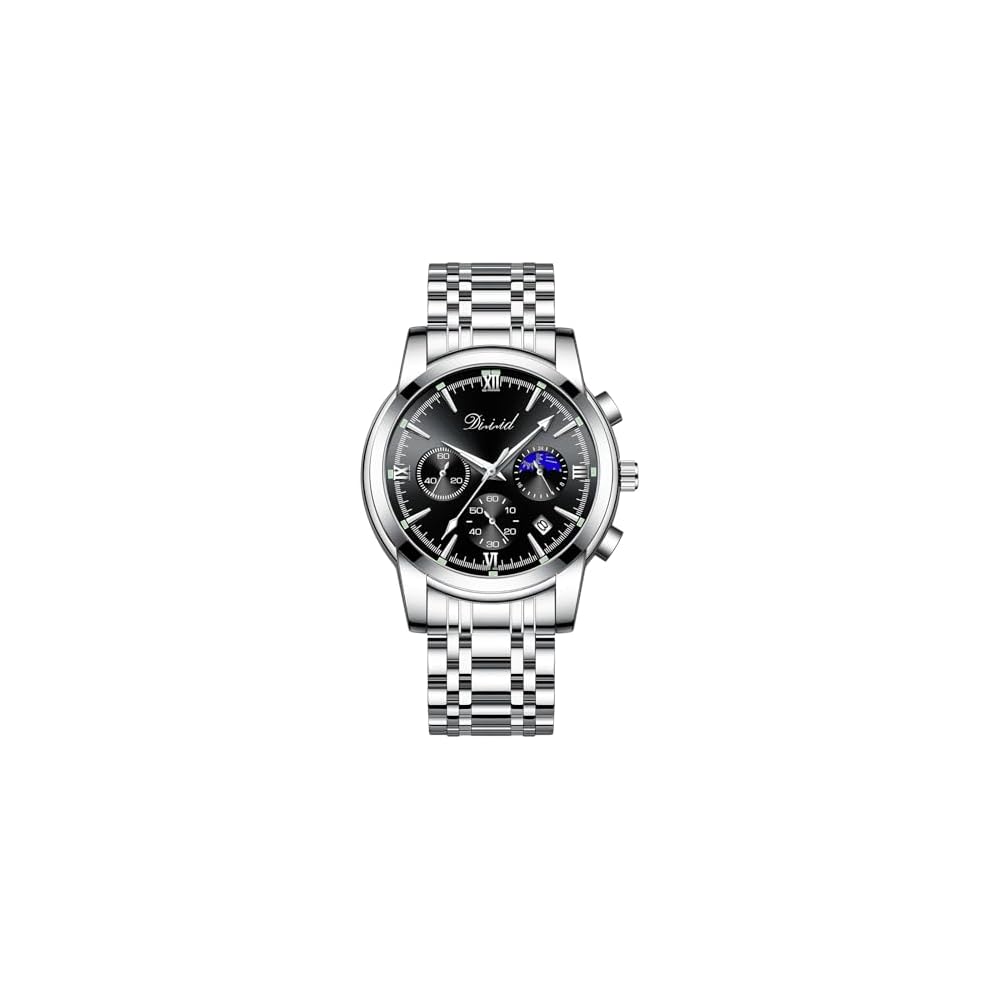 DIZIZID Men s Analog Quartz Chronograph Watch Silver Black Stainless Steel Waterproof Date Display Multi-Function