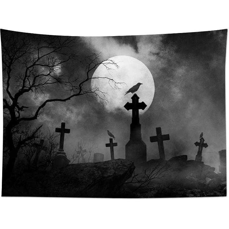 HVEST Halloween Tapestry Full Moon Black Crow Tombstone Dead Tree Tapestry for Bedroom, Scary Grey Cemetery Forest Wall Decor Blanket Home Holiday