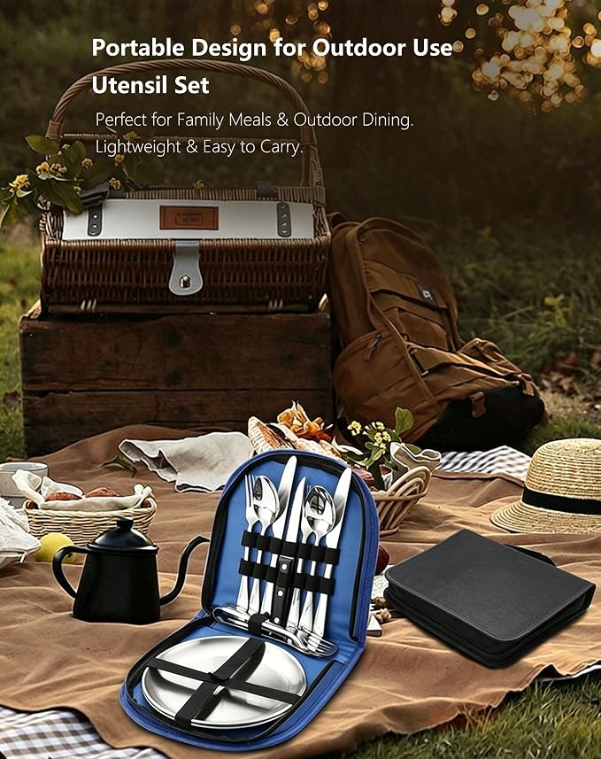 Camping Stainless Steel Set of 10 , Includes Plate, Steak Knife, Fork and Spoon