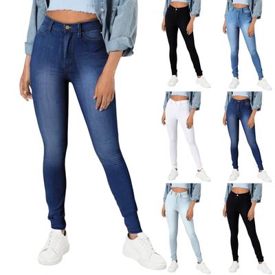Pantalon crayon slim taille haute en denim pour femme, couleur unie, décontracté, avec poches