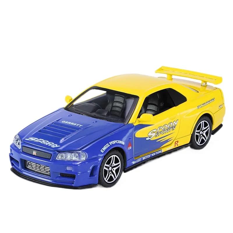 1:32 GTR R34 R35 Car Model Toy Doors Opened Sound Light Pull Back Metal Diecast Simulation Vehicles Models Gifts for Children