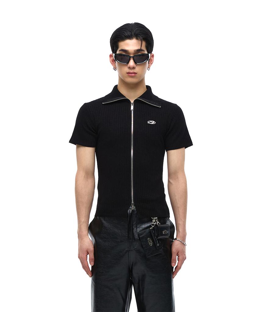 MORE THAN BLACK Logo Two Way Half Zip Up Knit
