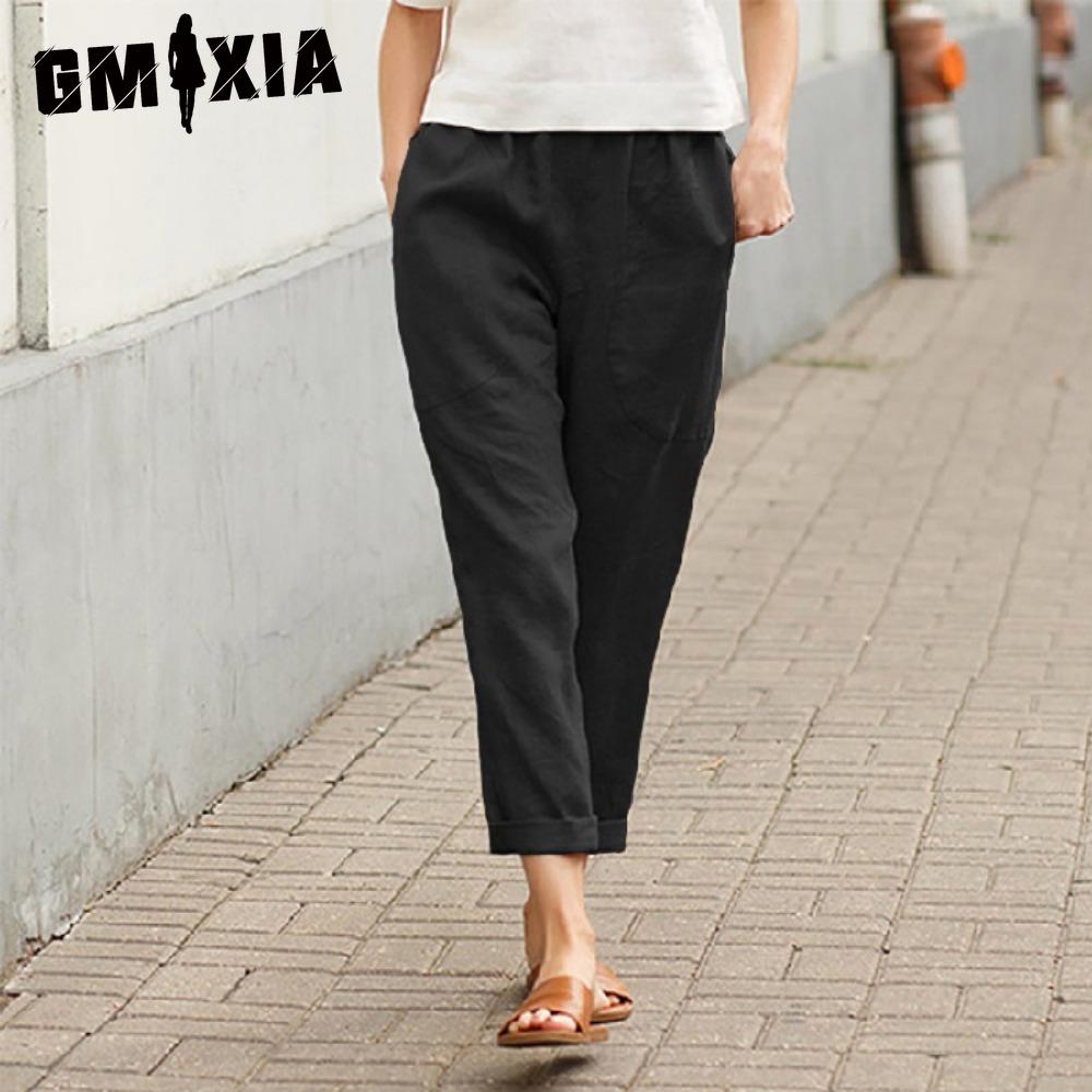 

GMXIA Women Summer Solid Color Double Pocket Trousers Loose Long Pants Female Cotton Linen Pants XXXXL чёрный