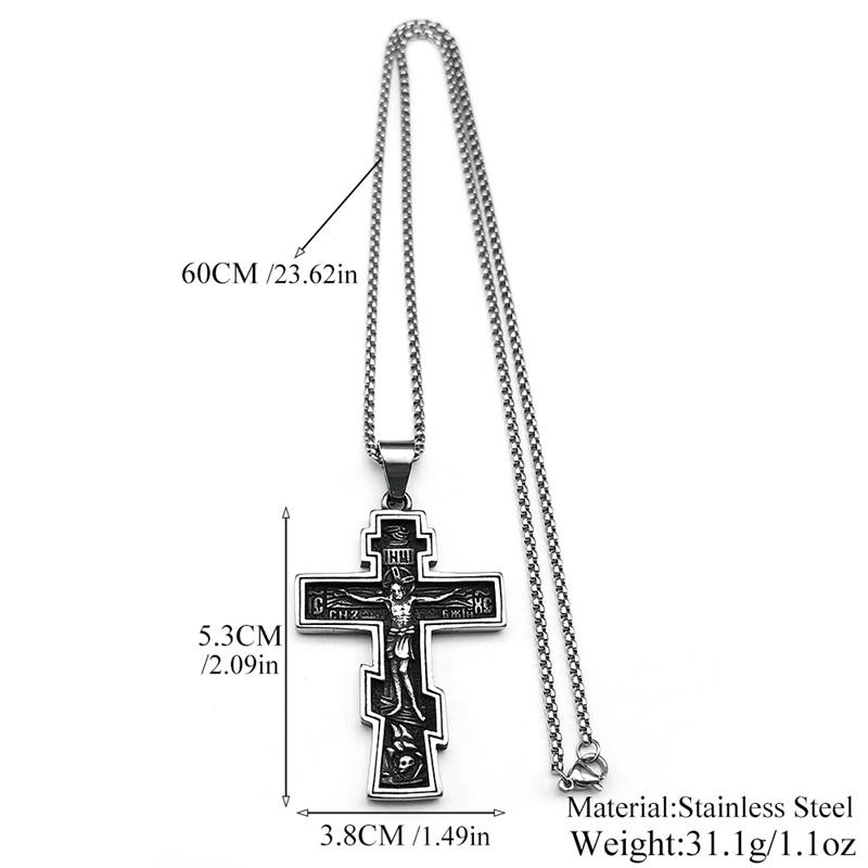 Retro Orthodox Icon Cross Statue Crucifix Pendant Necklace for Women Men Stainless Steel Silver Color Hip Hop Chain Jewelry