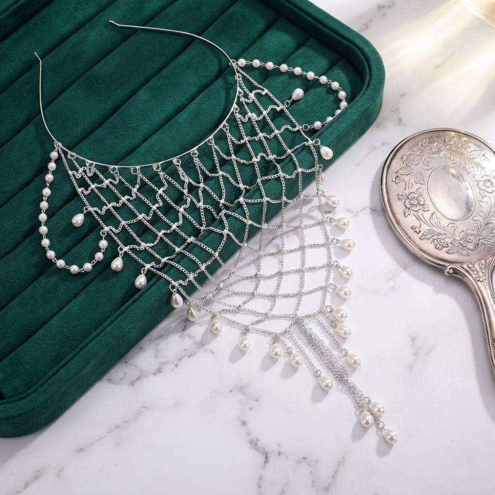 Layered Pearl Hair Chain Draped Chain Mesh Headpiece Boho Beaded Tassel Hair Net  Women