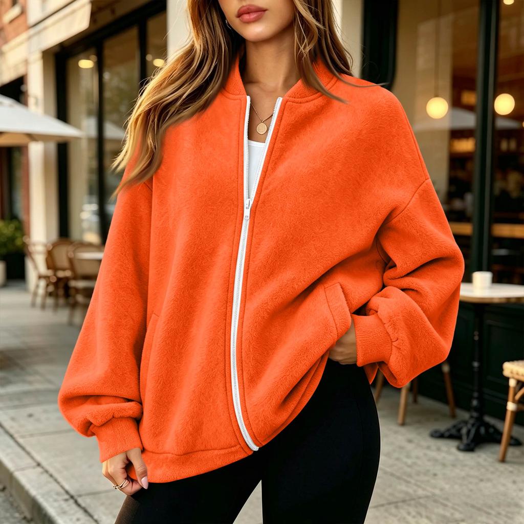 Women's Long Sleeve Baseball Collar Zipper Jacket, Loose Fit, Color