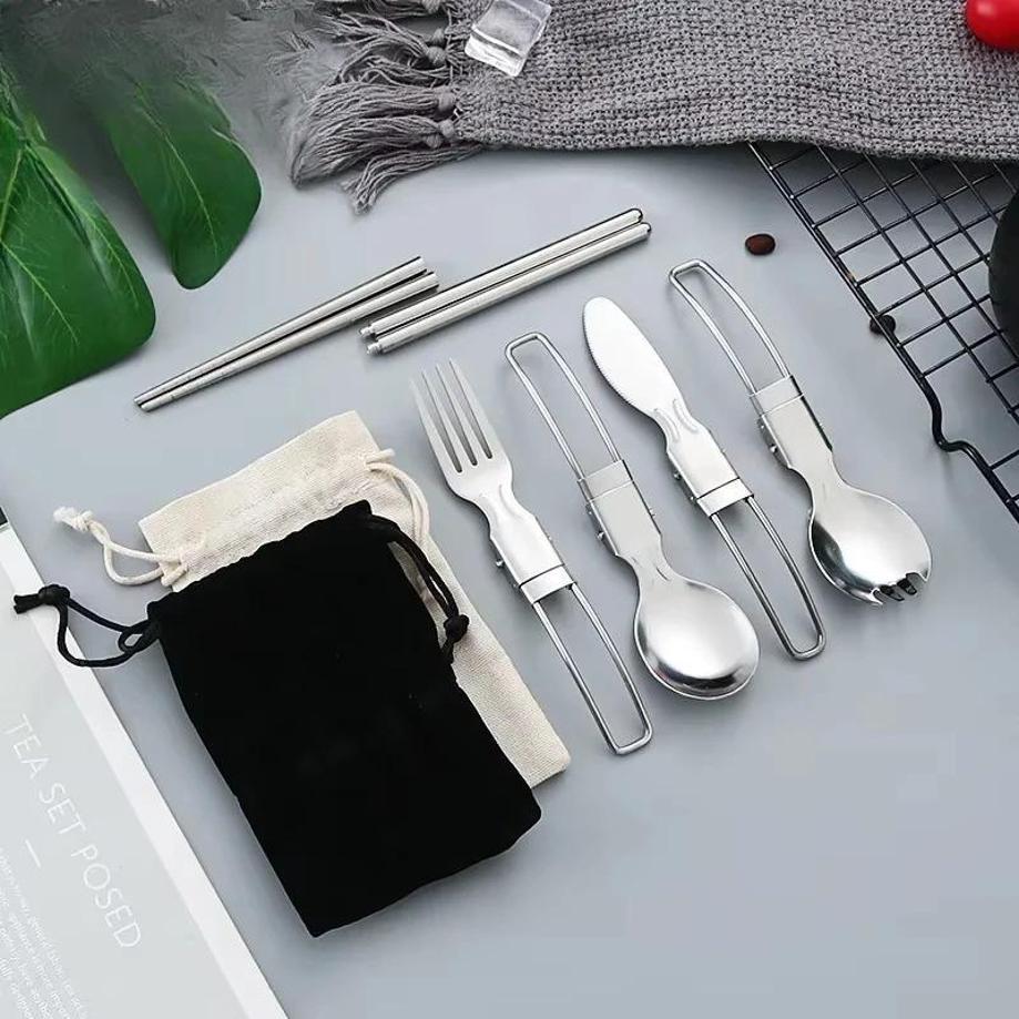 Creative Stainless Steel Folding Salad Spoon Fork Chopsticks Set Portable Outdoor Picnic Kitchen Tableware Household Supplies