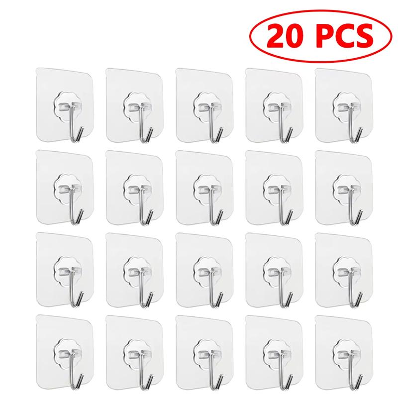 20/10PCS Hook Self-Adhesive PVC Stainless Steel Transparent Multi-Purpose Wall Holder Door Rack Kitchen Storage Organizer Home