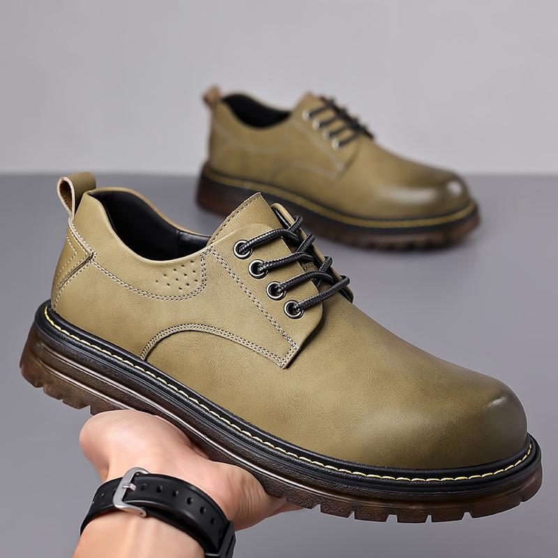 Men's Leather Thick-Soled Casual Derby Shoes for Spring/Autumn - Formal Black Low-Top Martin Boots
