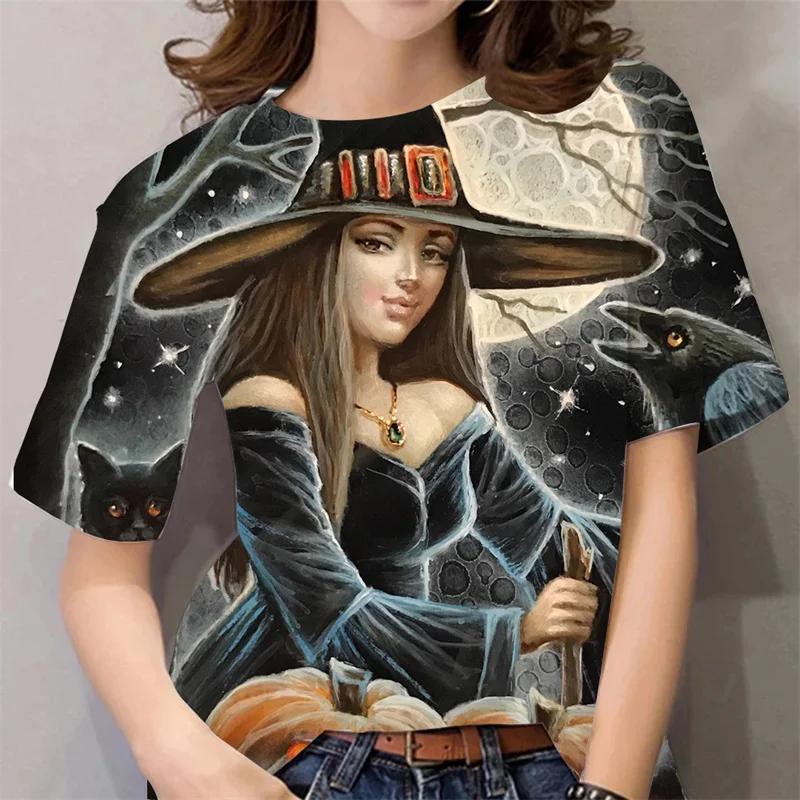 Halloween Pattern T Shirt For Women Witch 3d Printed Short Sleeves Summer Casual Oversized T-shirts O-neck Tops Tees Streetwear