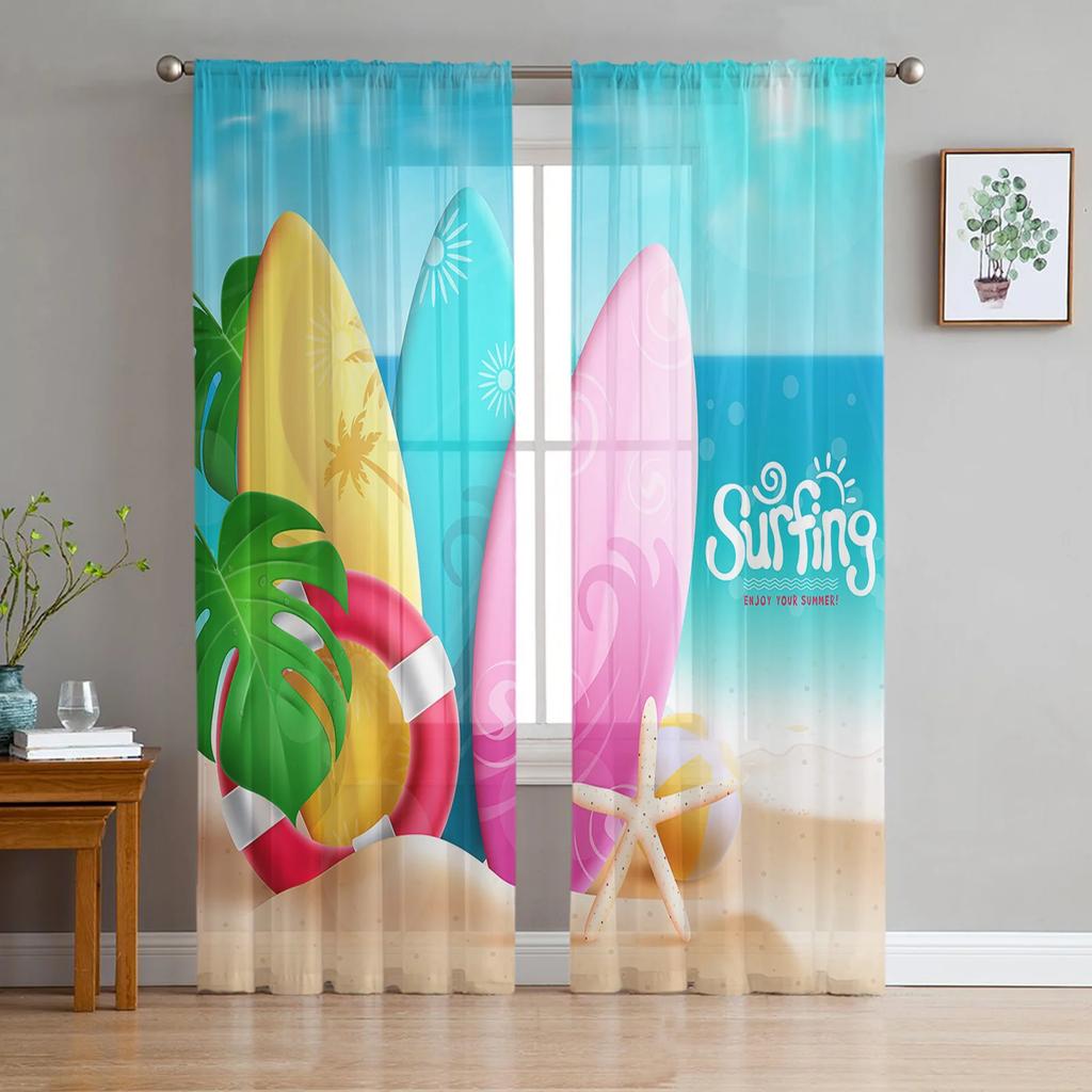Beach Starfish Shells Leaves Palm Curtains Living Room Bedroom Decor Chiffon Tulle Voile Kitchen Window Curtain Sheer Made Of Polyester Treatment