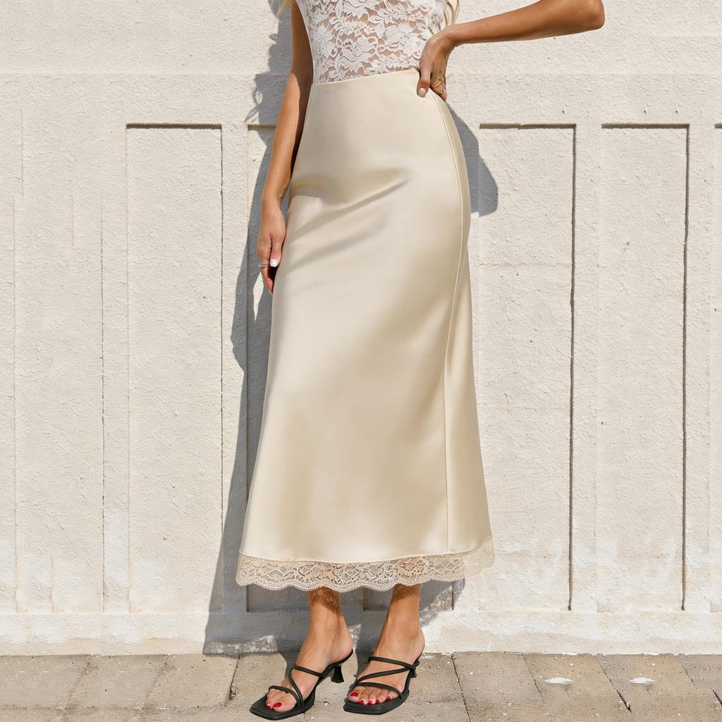 Jupe longue évasée pour femme, été, décontractée, coupe ajustée, bordure en dentelle, tissu satiné, design confortable, adaptée à diverses occasions