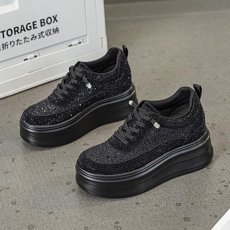 

Women s White Rhinestone Hollow Round Toe Sneakers with Hidden Heel and Breathable Thick Sole Size 37