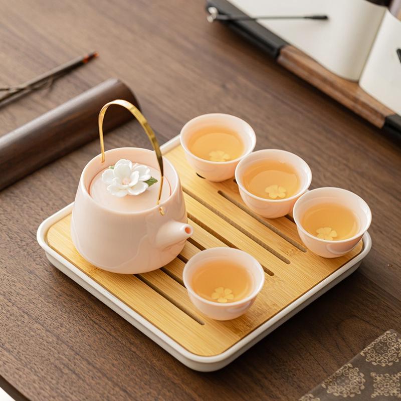 Chinese Porcelain Tea Set, Pink Kungfu Teapot Set with 1 Teapot, 4 Tea Cups, 1 Tea Tray, Golden Handle Tea Pot Teasets for Home Tea Party Women Gift