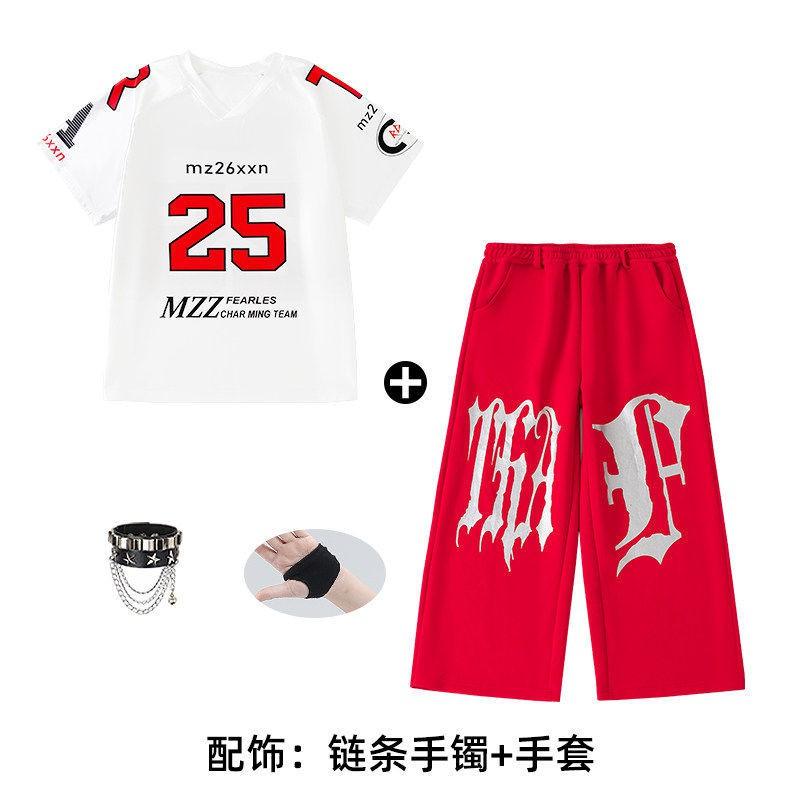 Kids Hip Hop Dance Outfit Set - White Short Sleeve Top Red Pants Boys Girls Stage Performance