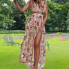 Amazon Foreign Trade European and American Women's Clothing 2024 Spring and Summer Fashion V-Neck Sleeveless Printed Dress with Tie and Slit