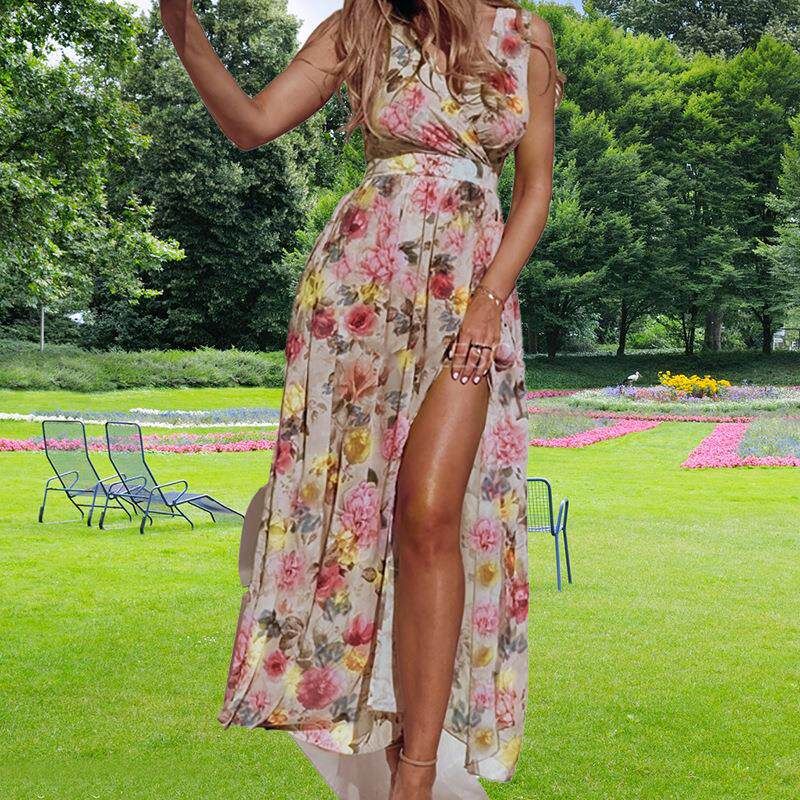 Amazon Foreign Trade European and American Women's Clothing 2024 Spring and Summer Fashion V-Neck Sleeveless Printed Dress with Tie and Slit