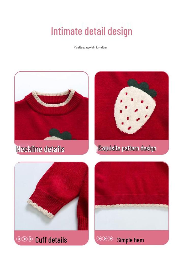 Girls' 2025 Autumn/Winter Strawberry Knit Sweater - Thick, Stylish Baby & Little Girl Top