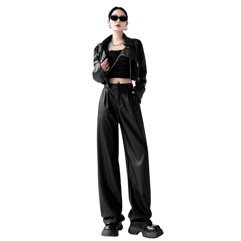Women's 2025 Black Leather Wide-Leg Slimming High-Waisted Pants