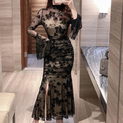 French Elegant Prom Dress Women Retro Black Perspective Elastic Mesh Folds Wrap Hip Slit Fishtail Robe Female Party Dresses