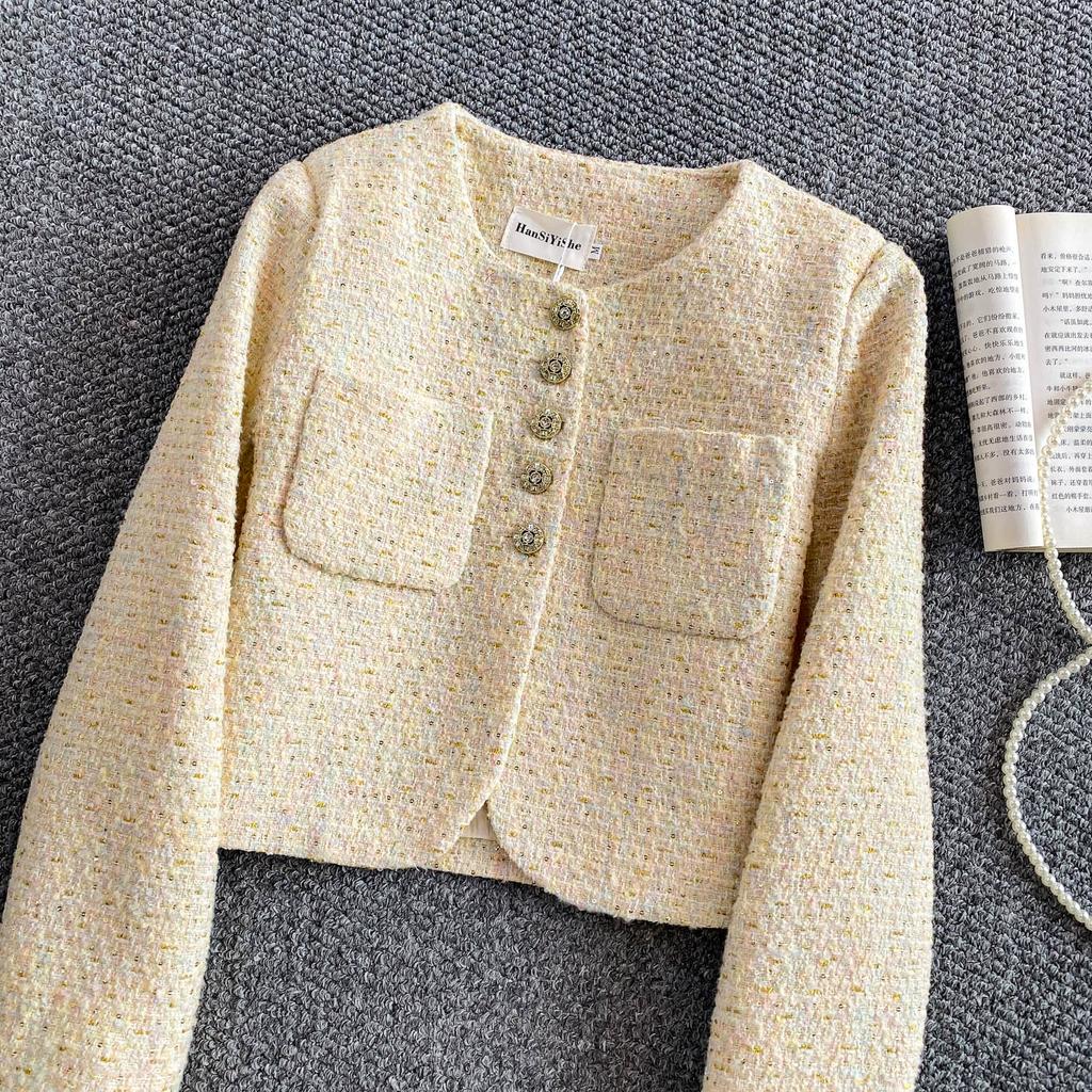 Autumn Winter Women Elegant Little Fragrant Wind Full Sleeve Single Breasted Tweed Short Jacket Coat With Pocket