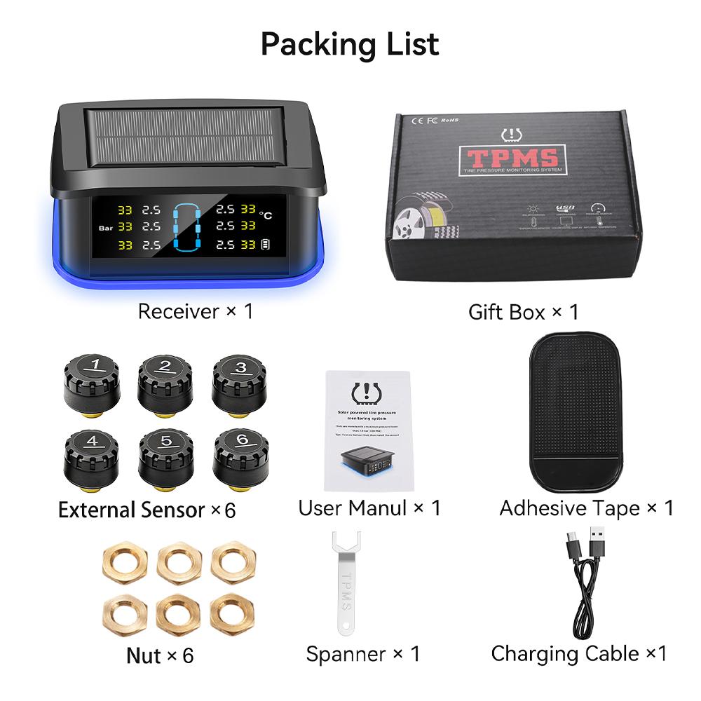 Monitoring system security alarm solar TPMS digital LCD display truck RV TPMS with indicator light warning car tire pressure alarm 6 external sensors